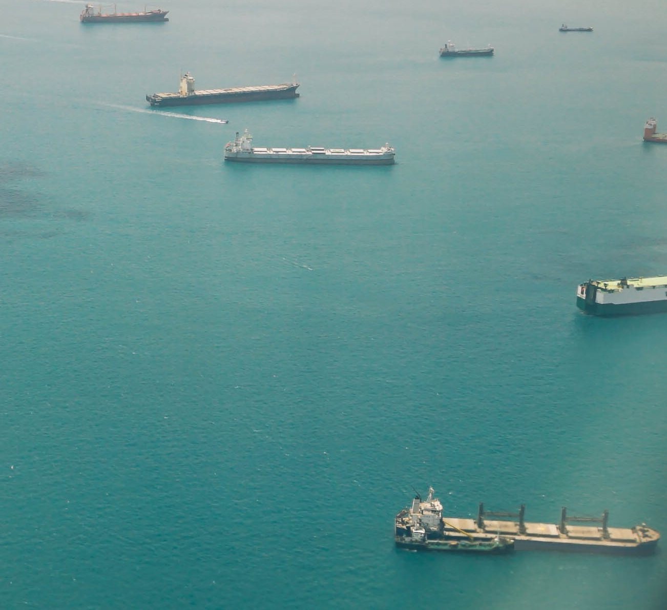 Bulk carriers at anchor, seen from the air